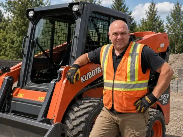 Operator in a high-visibility vest standing beside the Kubota SSV65 skid steer