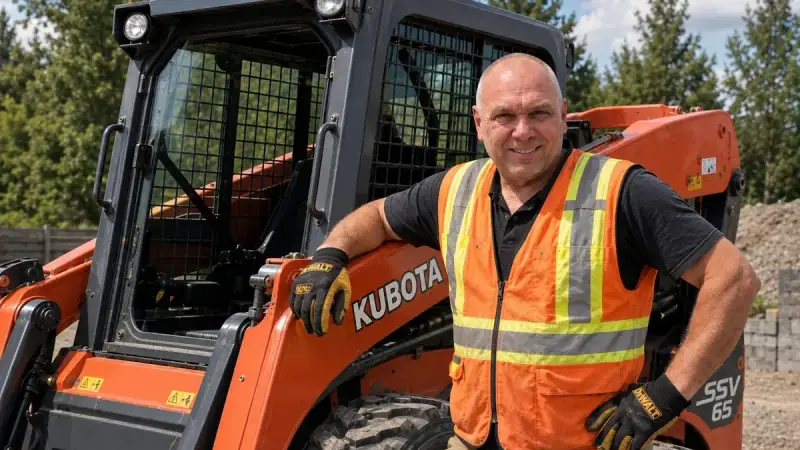 Our operator standing beside the Kubota SSV65 skid steer