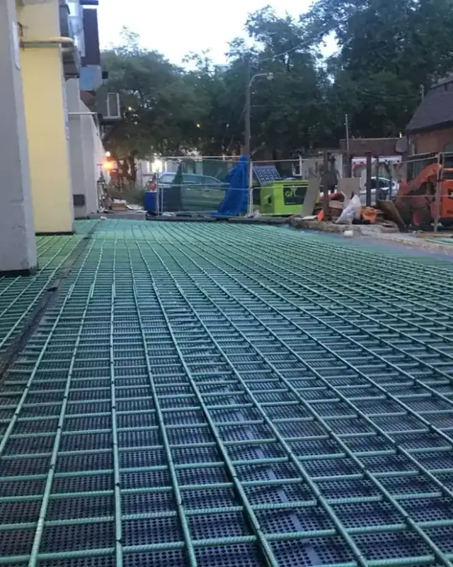 Epoxy-coated rebar tied for a slab pour
